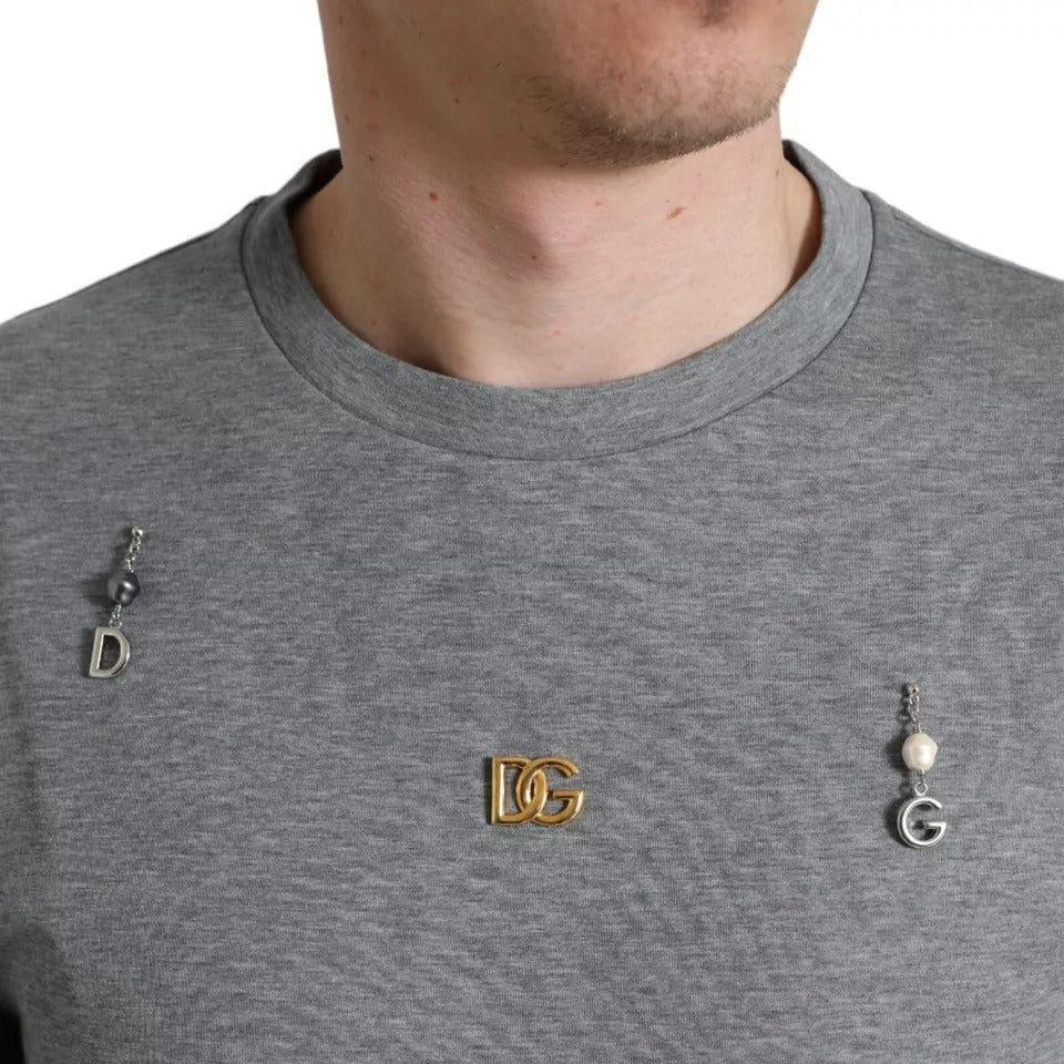 Dolce & Gabbana Gray Cotton Embellished Crew Neck T-shirt
